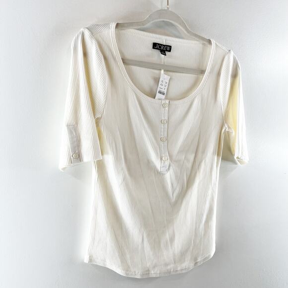 J. Crew Vintage Rib Henley Square Round Neck Short Sleeve Tee Shirt Ivory Medium - Picture 7 of 7
